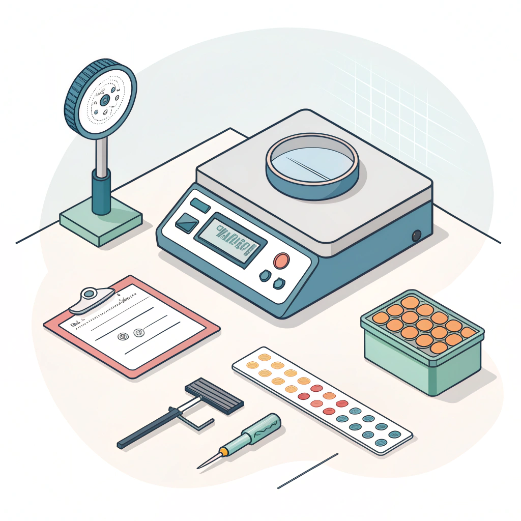 Minimal lab bench icons showing paddle scale, caliper, profilometer, peel clamp
