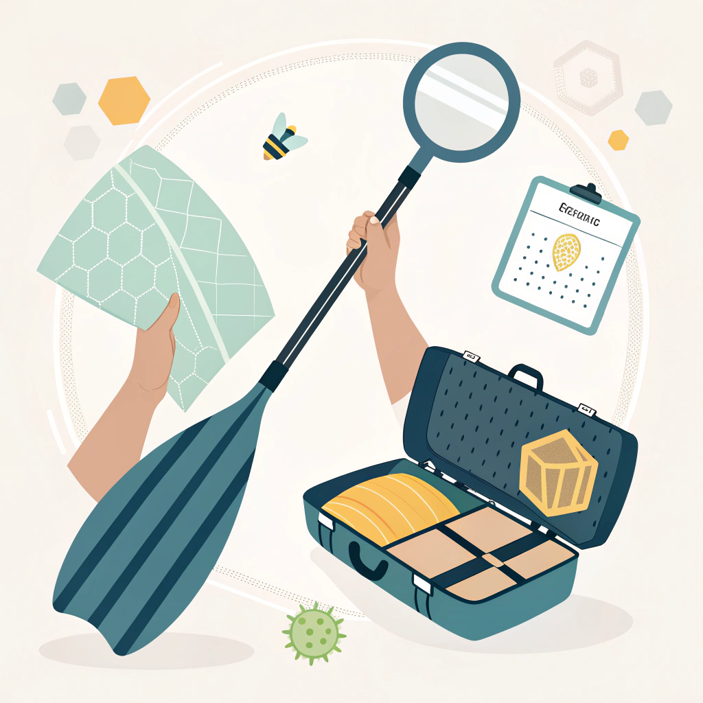 Top-down illustration of paddle being cleaned, overgrip changed, and inspected beside a case