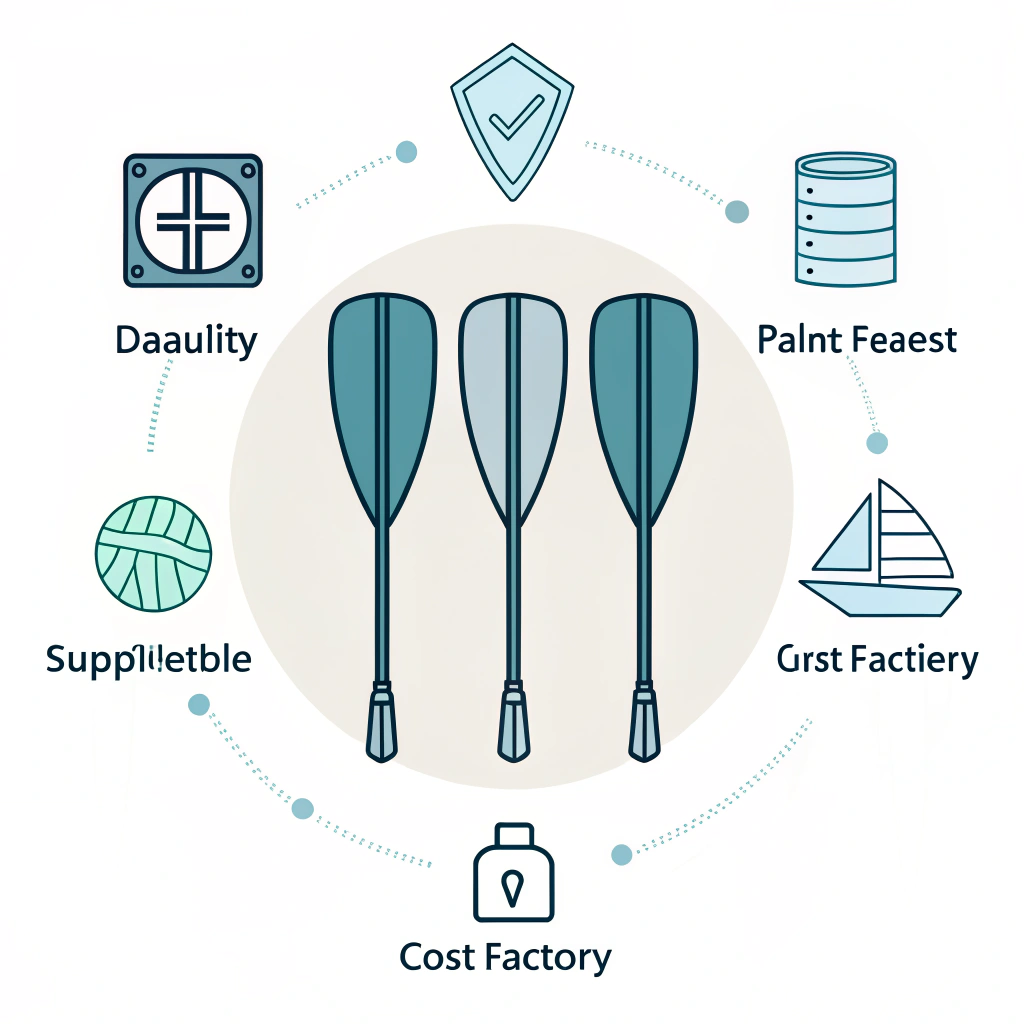 Flat-style icons of paddles representing forgiveness, durability, cost, customization, and supplier requirements