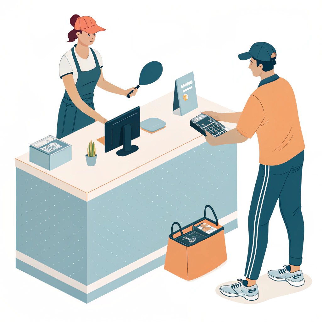 Minimal illustration of staff fitting paddle grip and weighing paddle at a shop counter