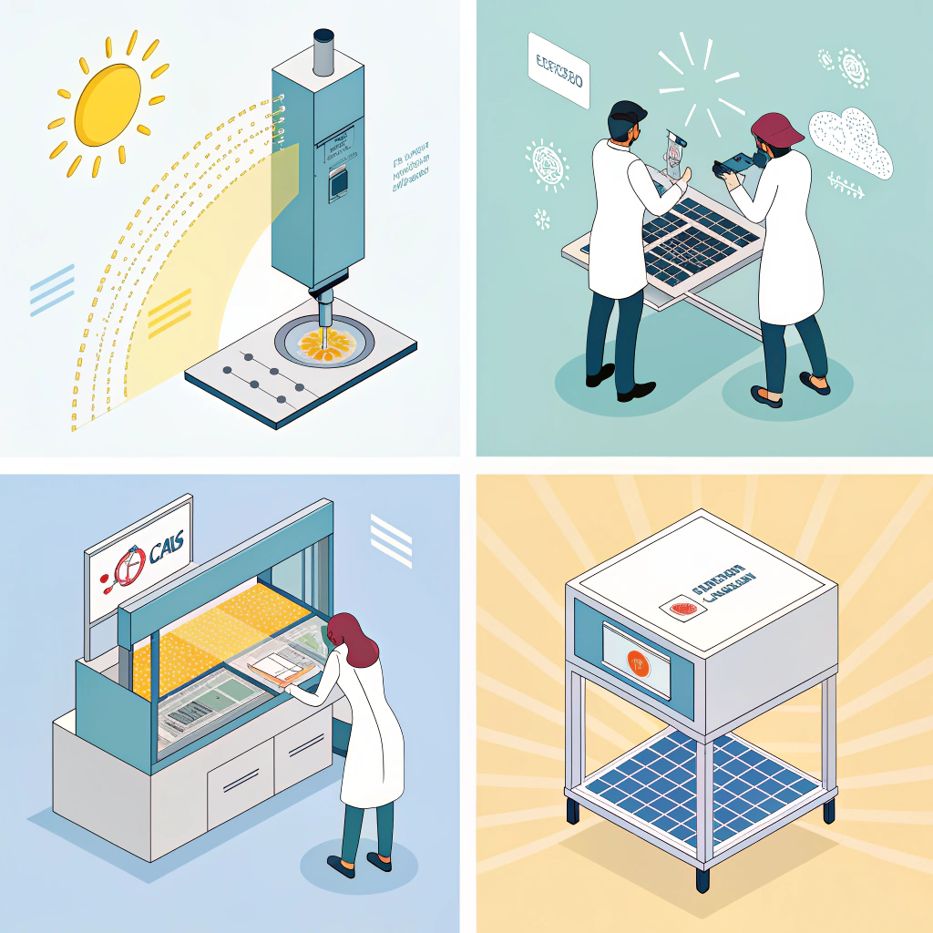 Minimal lab-style illustration of abrasion, UV, impact testing and packaging stations.