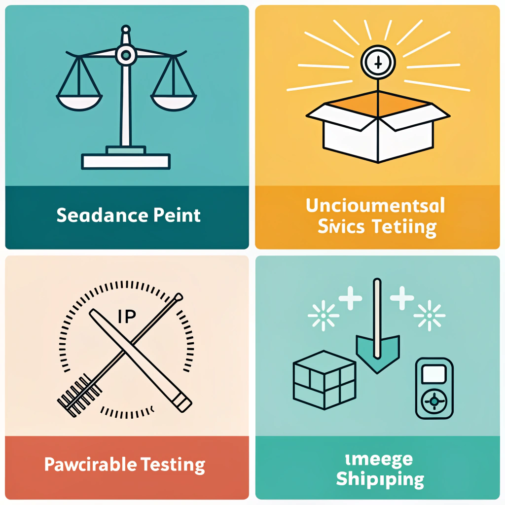 Grid of testing icons: balance scale, swing gauge, durability rig, impact and packaging
