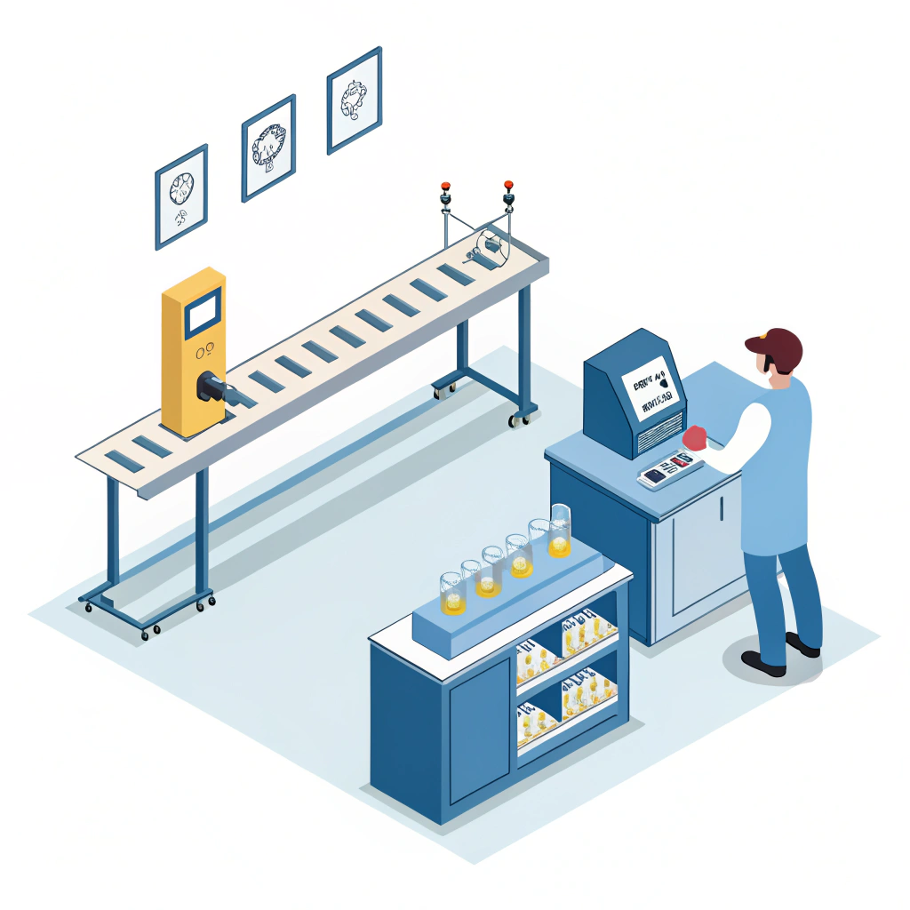 Minimal QC scene with conveyor, inspection scale, balance jig, and lab tester icons