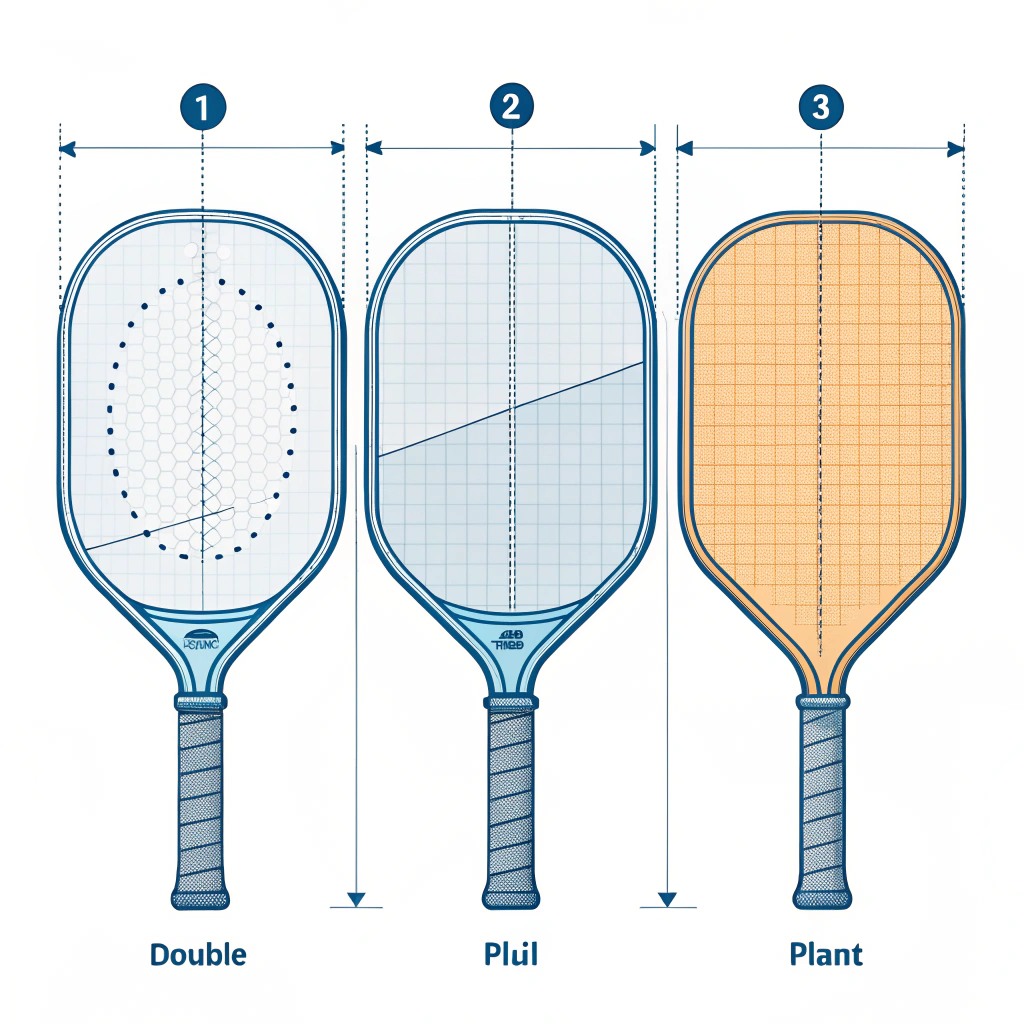 Paddle Size Comparison Three labeled pickleball paddles with size comparison diagrams