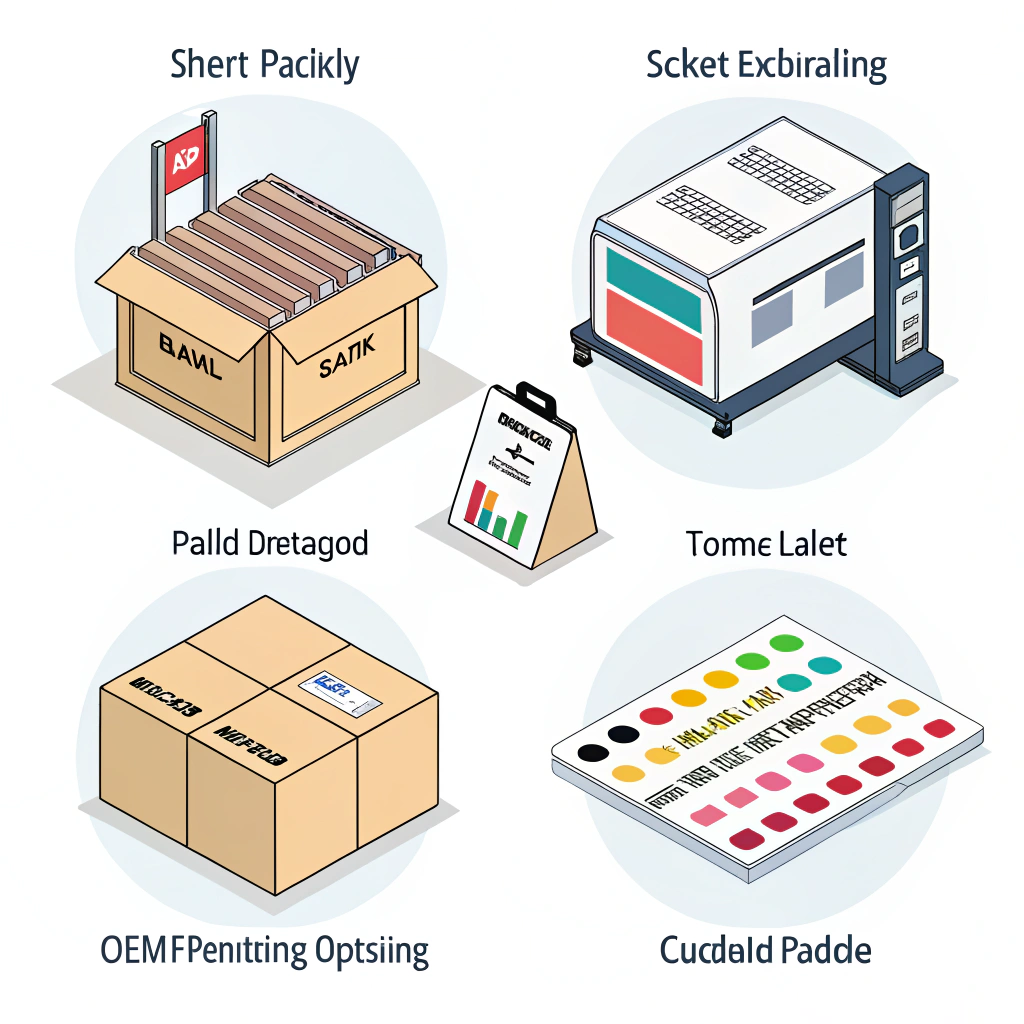 Flat illustration of packaging line, on-demand printing swatches, traceability tag, and warranty shield.
