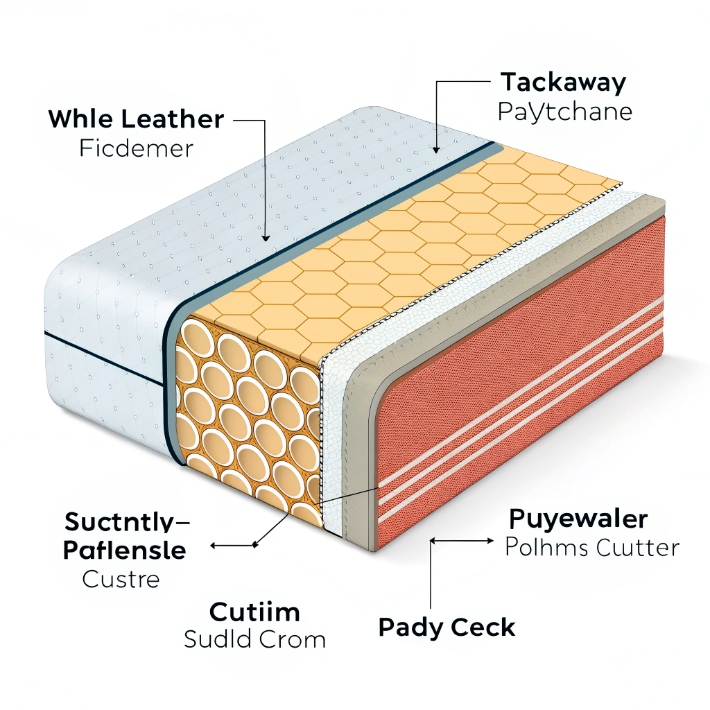 Flat cross-sections of three handle materials: tacky PU, wrapped leather, foam core