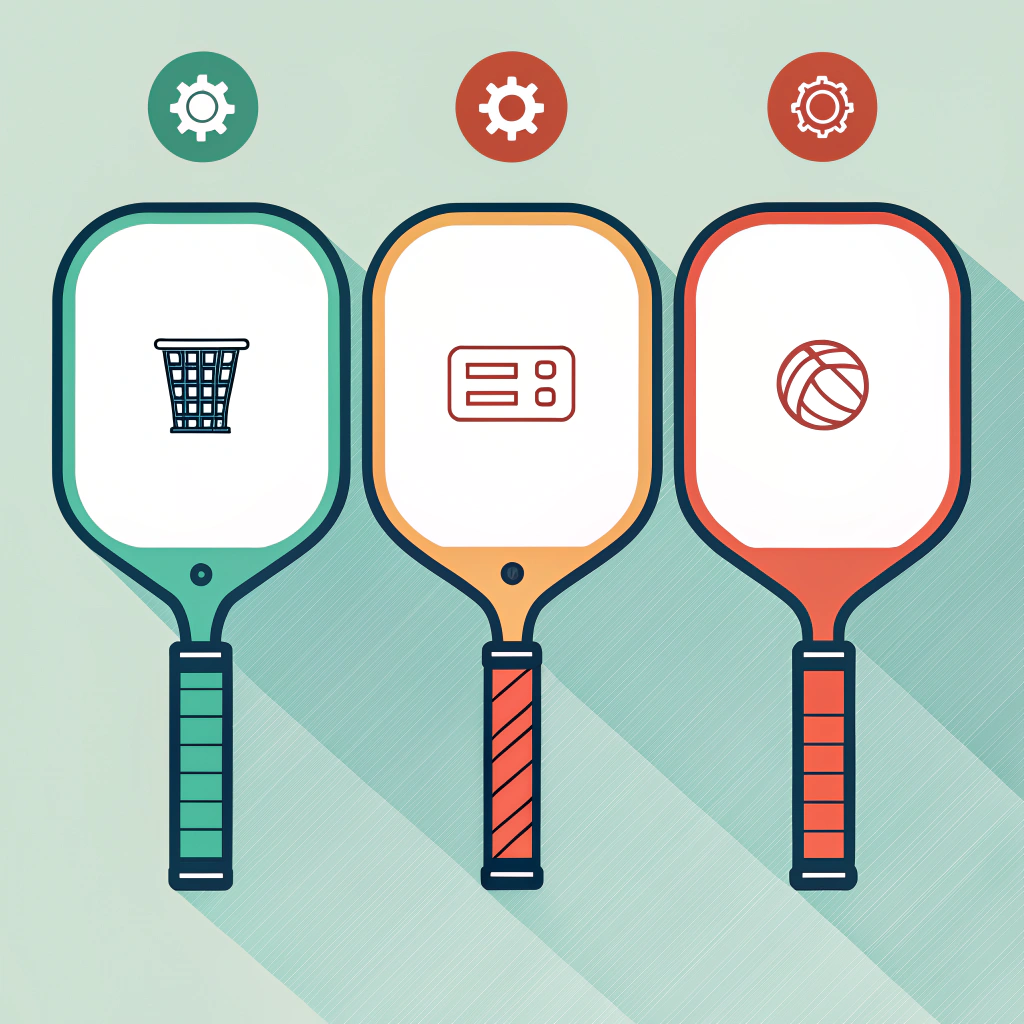 Three stylized pickleball paddles with short, standard, and long handles and simple manufacturing icons.