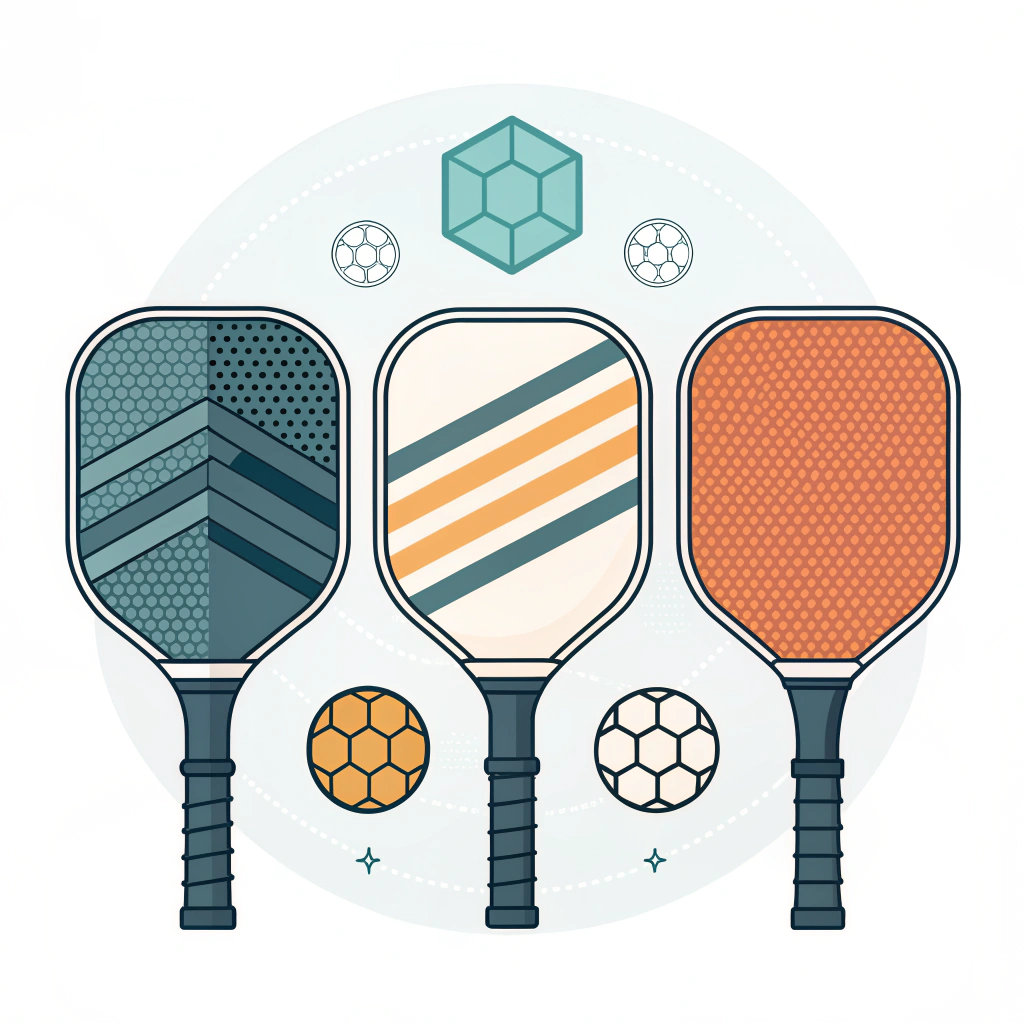 Three flat pickleball paddles with carbon, fiberglass, composite textures and honeycomb core inset