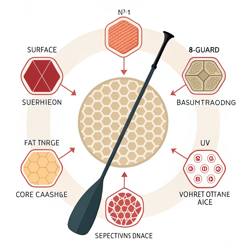 Series of panels illustrating common paddle failures: abrasion, delamination, core collapse, edge cracks, UV aging.