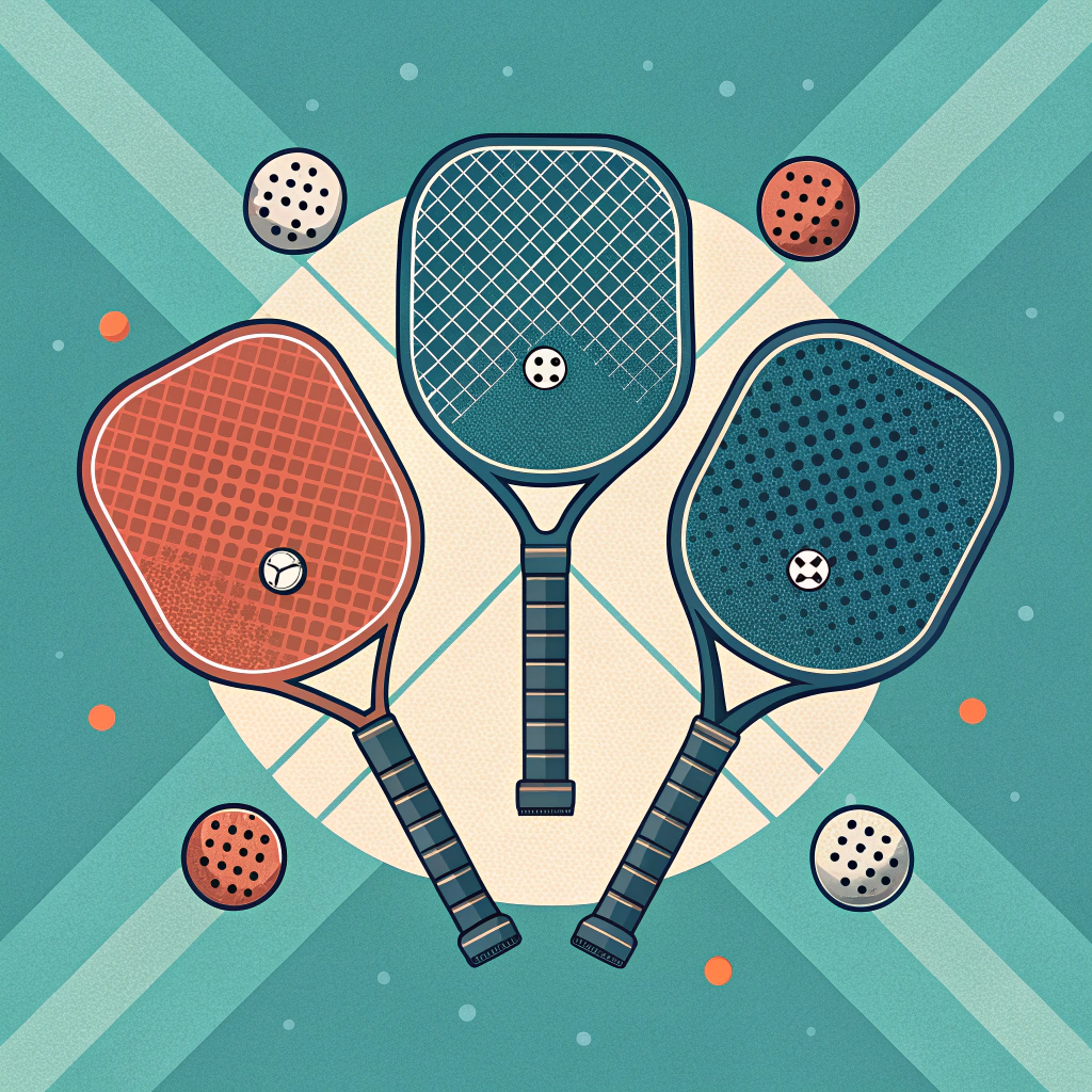 Pickleball Paddle Set Three colorful pickleball paddles with balls on a vibrant court background