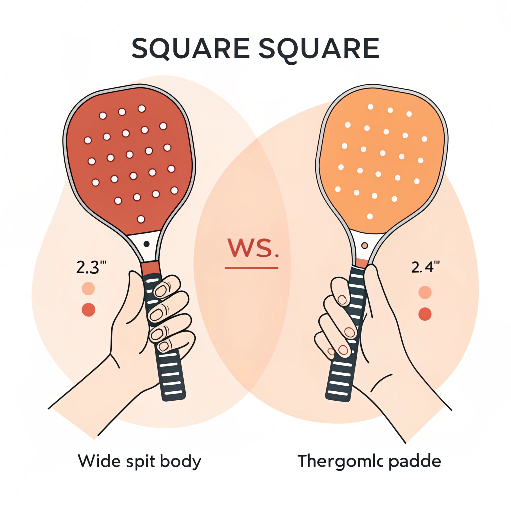 Two paddle grip thicknesses shown with hands demonstrating comfortable hold and ergonomic shapes