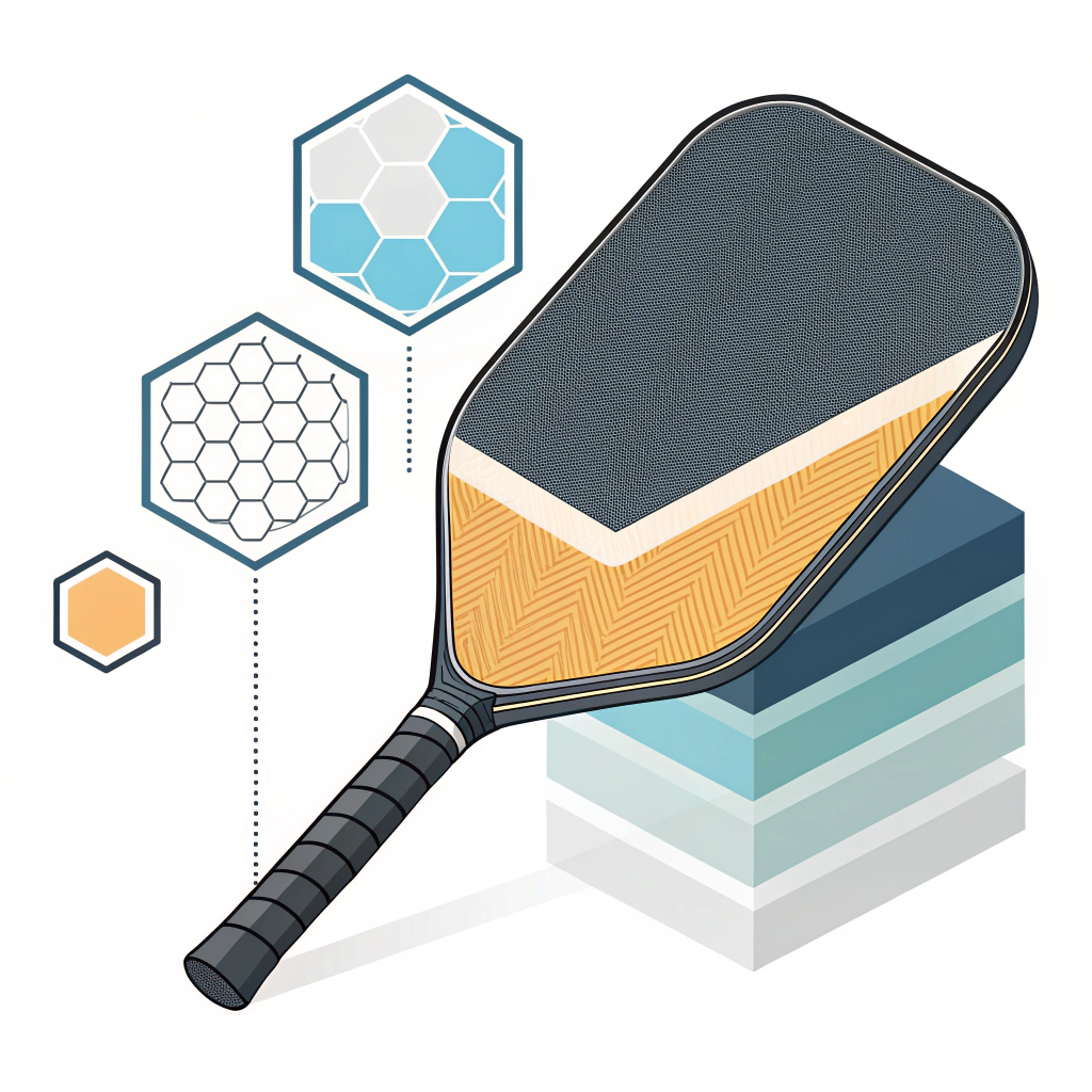 Minimalist exploded cross-section of a pickleball paddle showing layered face, adhesive, honeycomb core, and edge seal
