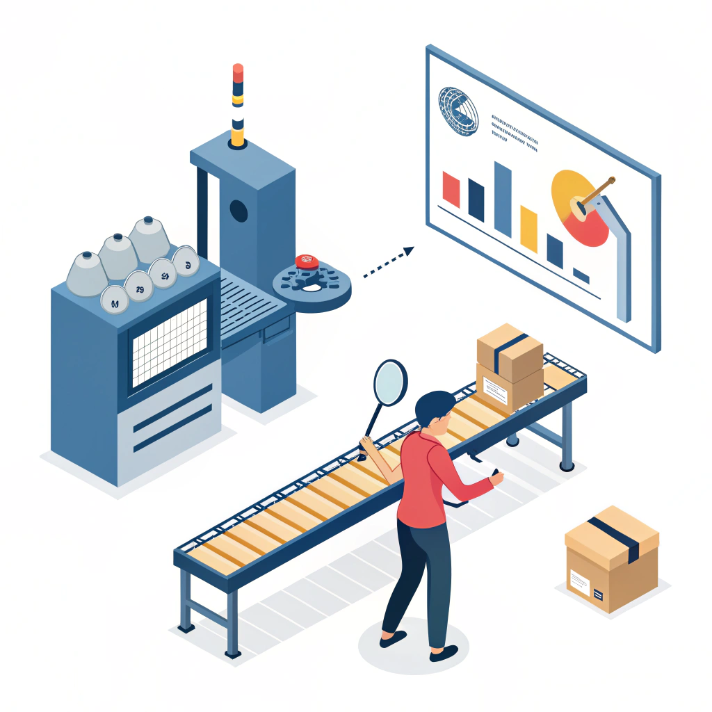 Stylized factory scene showing paddle press, inspection, and adhesive application stations