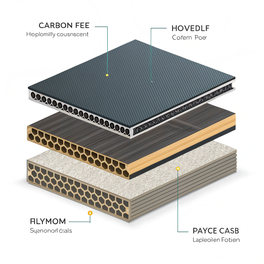 Flat cross-section showing carbon face and polymer honeycomb core variations