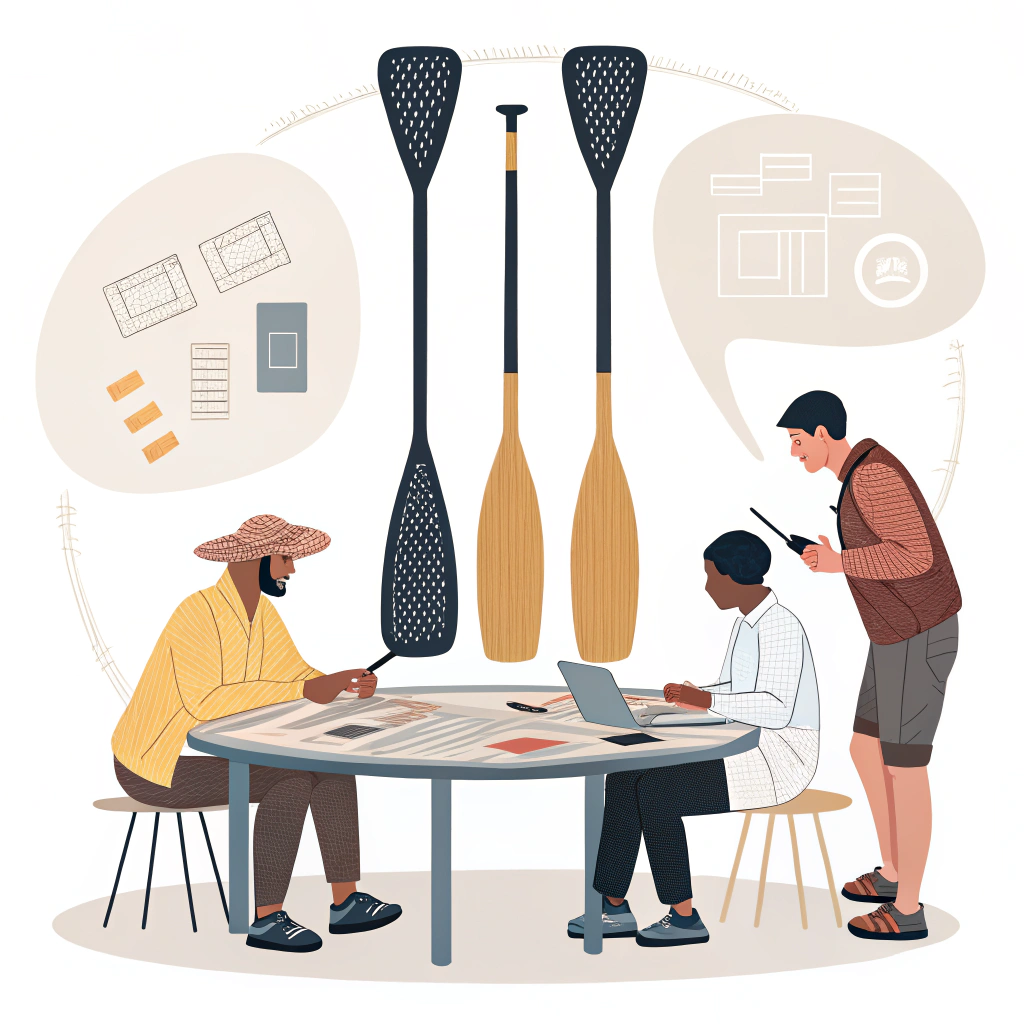 Designers reviewing pickleball paddle prototypes and material swatches in minimalist lab meeting