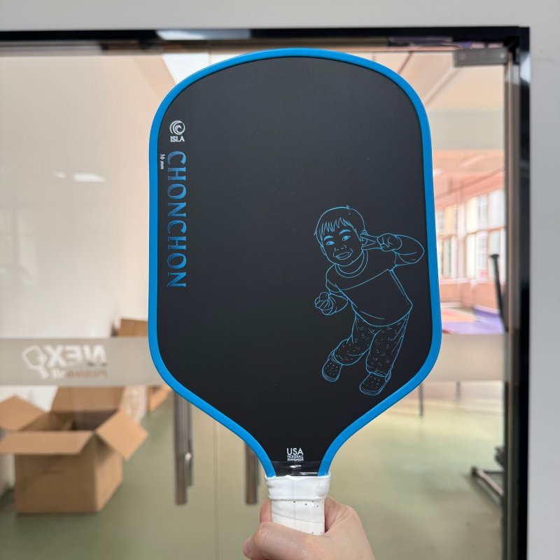 custom pickleball paddle custom pickleball paddle with blue edge guard and cartoon player graphic design