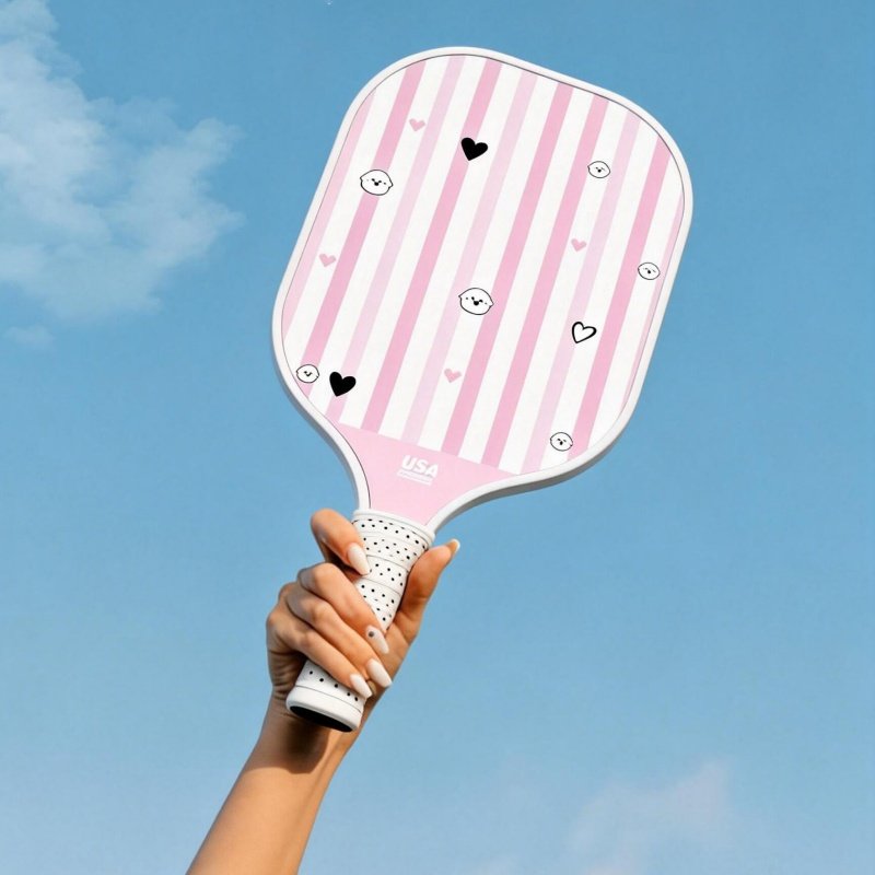 cute-pink-paddle Hand holding pink striped pickleball paddle with cute hearts against blue sky