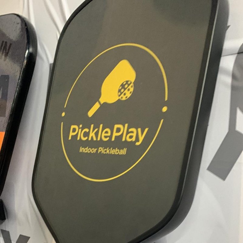 pickleball paddle logo custom pickleball paddle with PicklePlay logo and indoor pickleball branding on paddle face