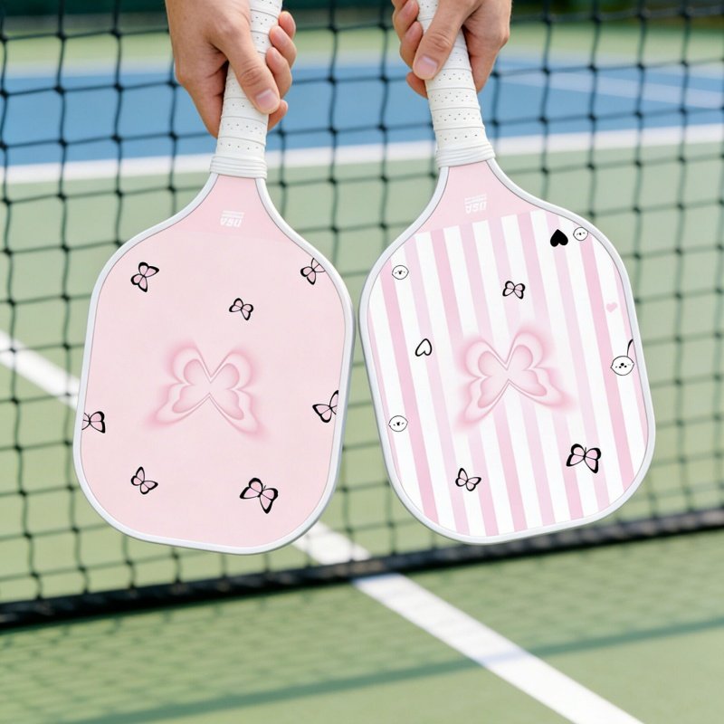 pink-pickleball-paddles Two pink pickleball paddles with butterfly patterns held above court net